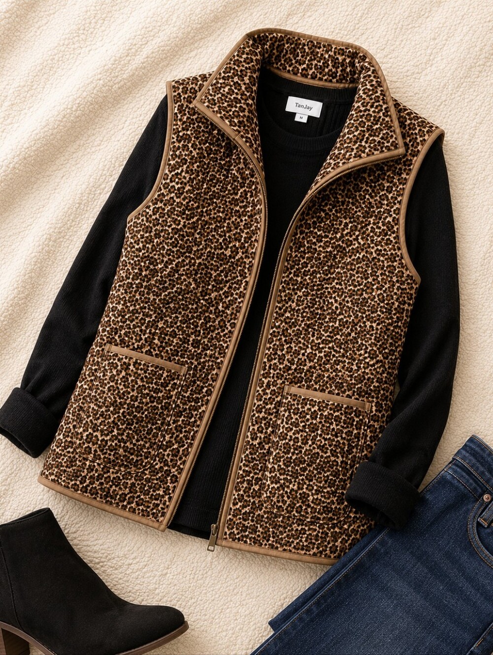 TanJay Leopard Print Quilted Vest Zip Front Animal Print Sz14